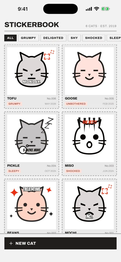 Cat Sticker Studio's stickerbook: a grid of cat meme stickers