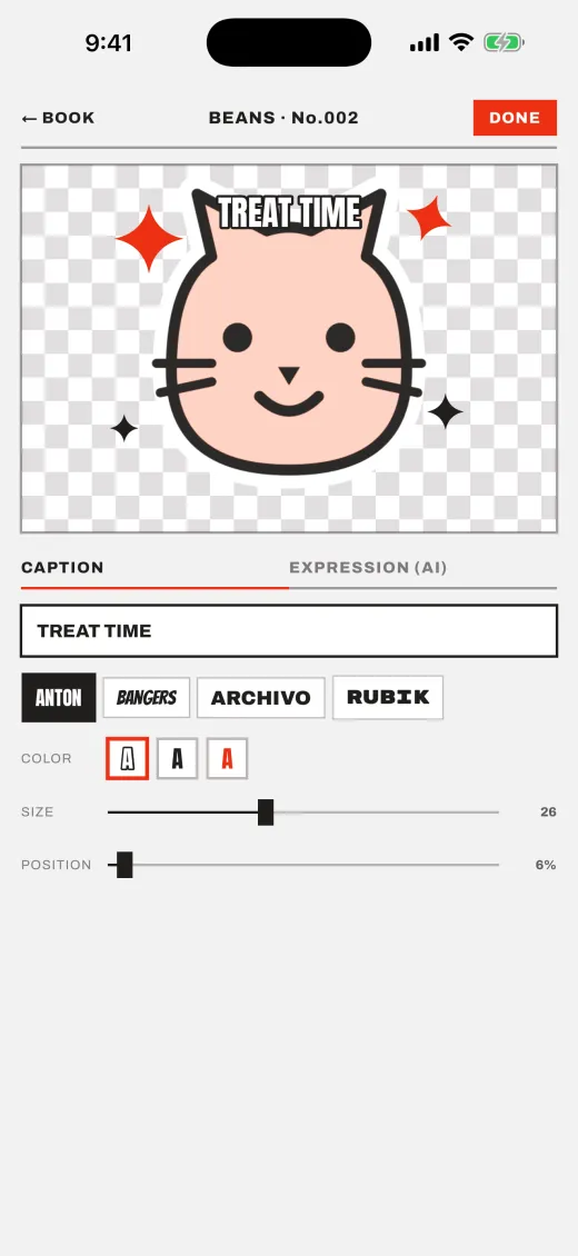The caption editor: a cat sticker captioned TREAT TIME, with meme font and position controls