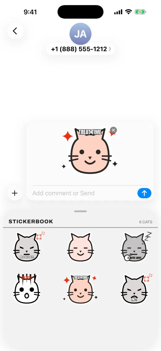 A finished cat sticker sent in an iMessage thread, with the sticker pack open below the keyboard