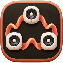 ChorusLink app icon: three cream speakers in a triangle on dark brown, joined by a wavy orange ribbon