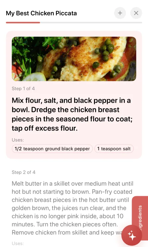 Cooking Mamam in cooking mode: step 1 of 4 of a chicken piccata recipe, with the two ingredients that step uses