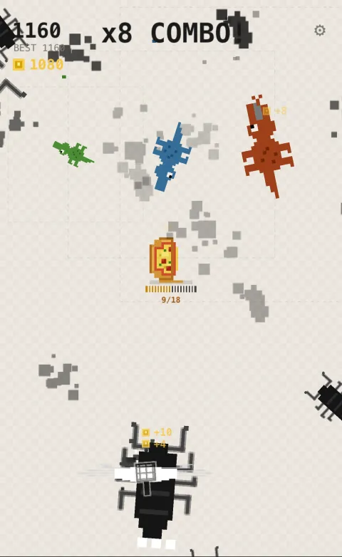 Roaches Eat My Pizza mid-run: pixel-art roaches swarming a pizza on a kitchen counter, with an x8 combo beside the score