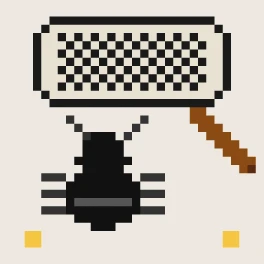 Roaches Eat My Pizza app icon: a pixel-art flyswatter raised over a black roach