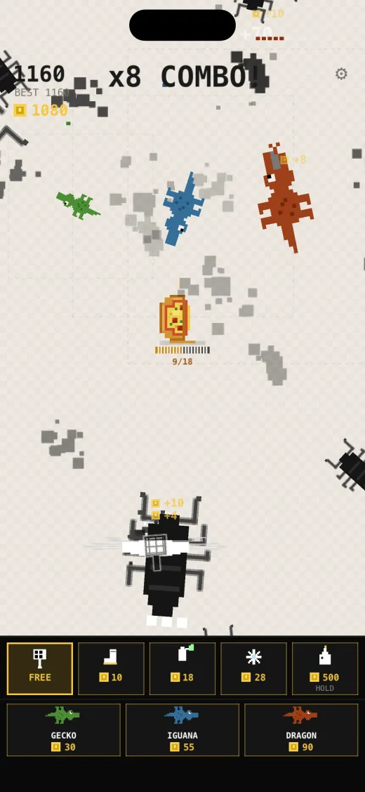 A swarm of pixel-art roaches crossing a pale counter towards a pizza down to 9 of 18 hit points, an x8 combo beside the score, and a dock of weapons and lizards along the bottom